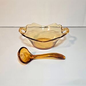 Cambridge Glass Co. Amber 6.5" Gravy Bowl & Spoon Vintage Glass Serveware
